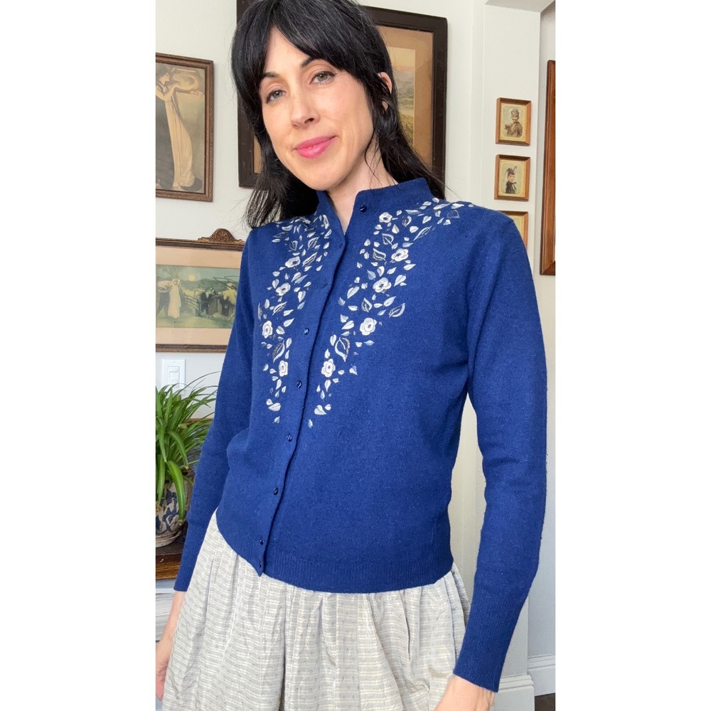 Vintage 60s Luisa Spagnoli Italy Blue Embroidered Floral Wool Cardigan Sweater - Picture 1 of 8